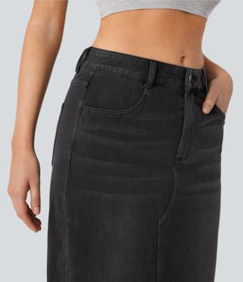 Halara Flex™ Mid Rise Pockets Straight Maxi Washed Denim Casual Skirt Halara Flex™ Mid Rise Pockets Straight Maxi Washed Denim Casual Skirt