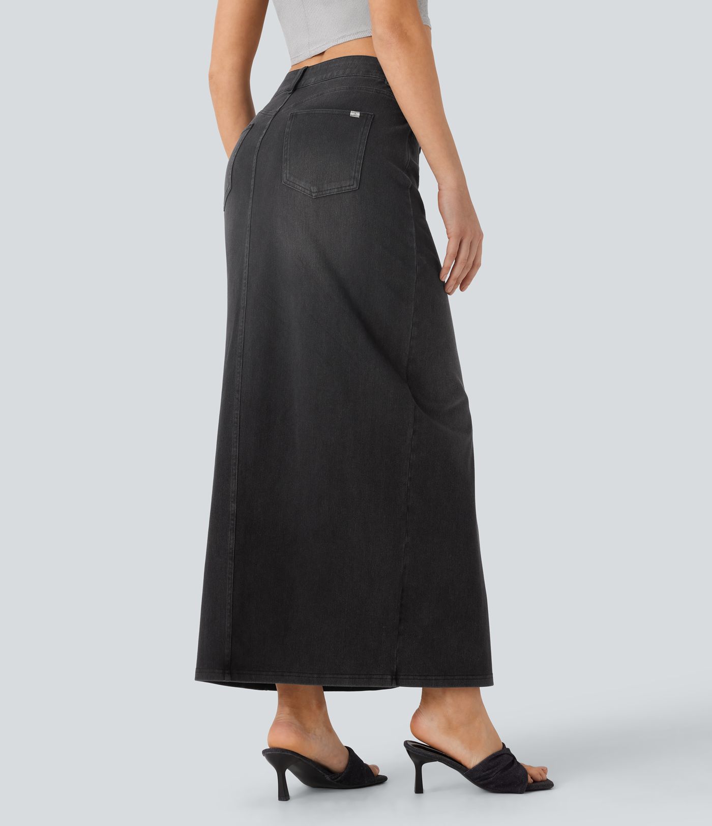 Halara Flex™ Mid Rise Pockets Straight Maxi Washed Denim Casual Skirt Halara Flex™ Mid Rise Pockets Straight Maxi Washed Denim Casual Skirt