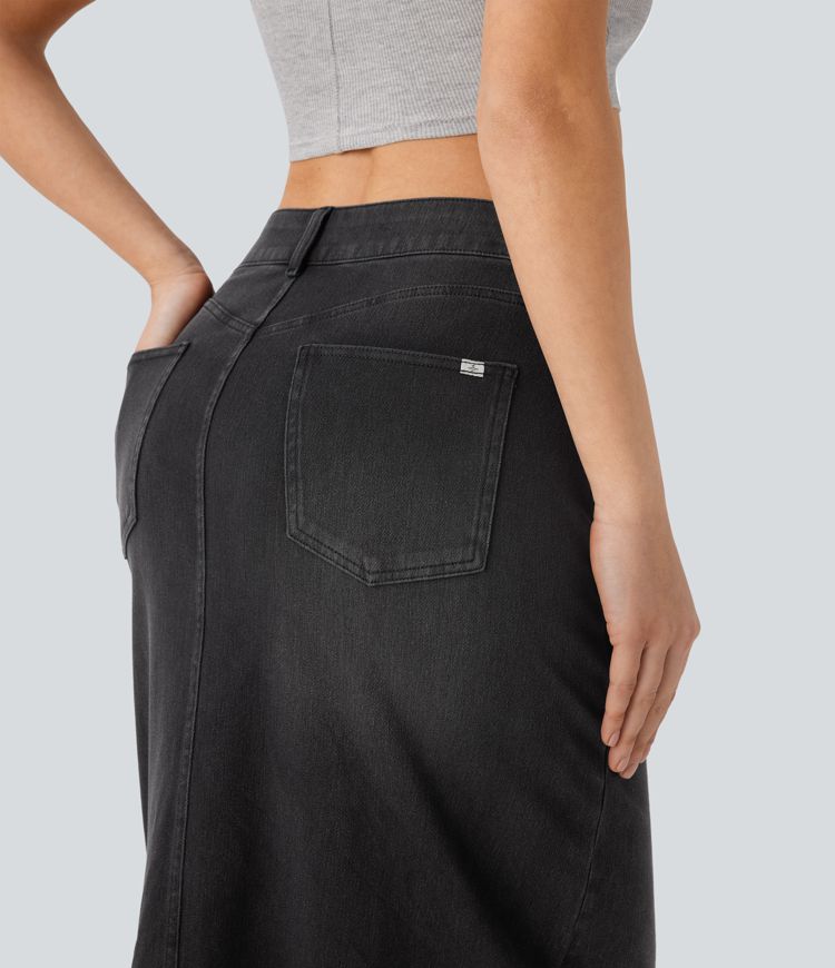 Halara Flex™ Mid Rise Pockets Straight Maxi Washed Denim Casual Skirt Halara Flex™ Mid Rise Pockets Straight Maxi Washed Denim Casual Skirt