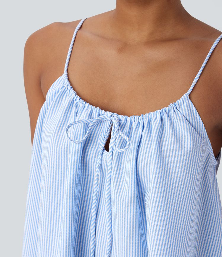 Adjustable Tie Neck Cut Out Stripe Mini Lounge Slip Dress