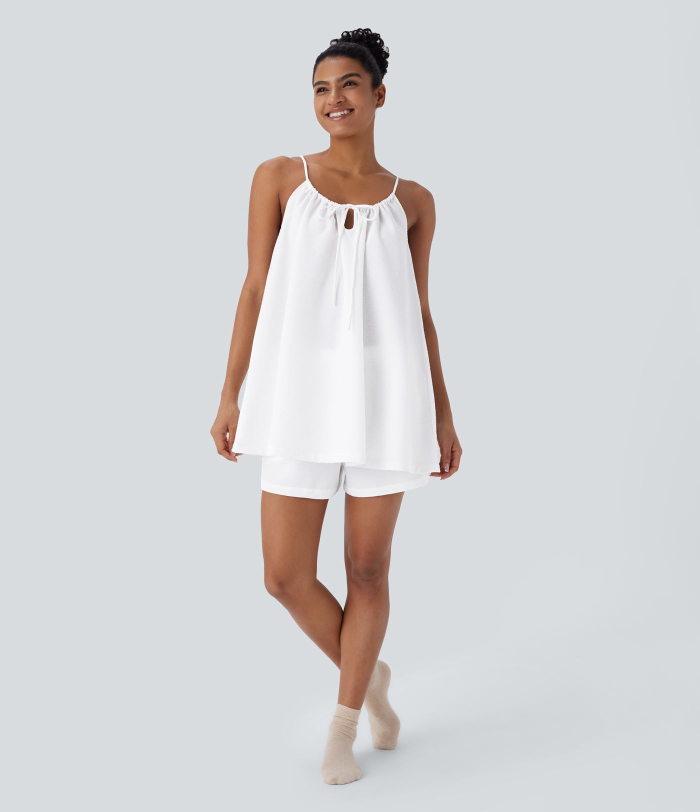 Adjustable Tie Neck Cut Out Stripe Mini Lounge Slip Dress