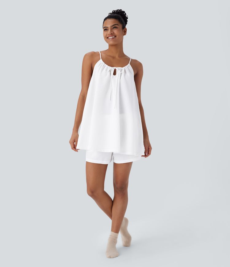 Adjustable Tie Neck Cut Out Stripe Mini Lounge Slip Dress