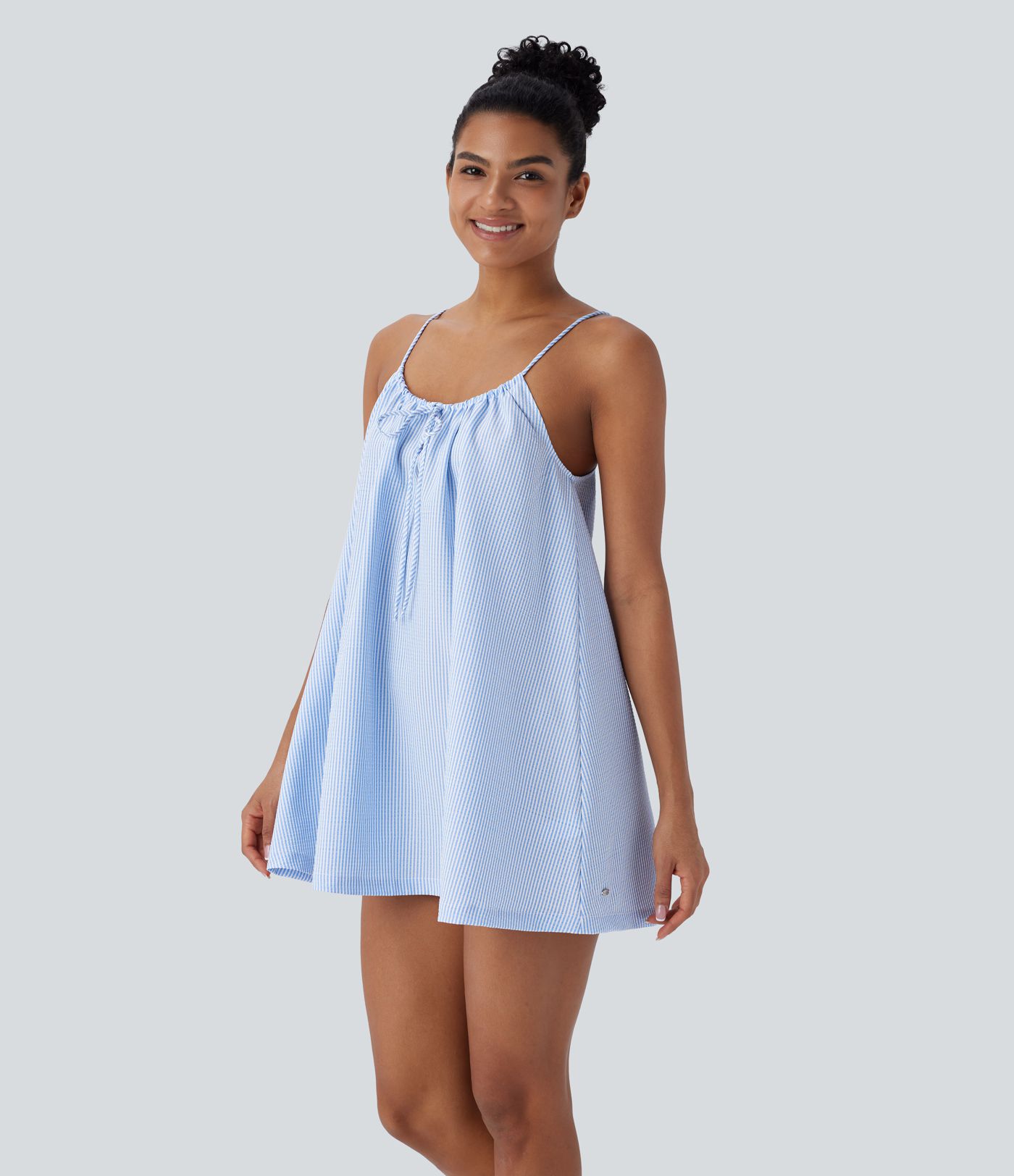 Adjustable Tie Neck Cut Out Stripe Mini Lounge Slip Dress