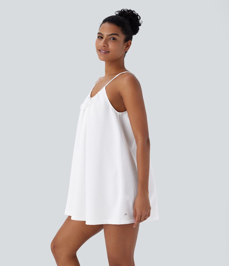 Adjustable Tie Neck Cut Out Stripe Mini Lounge Slip Dress