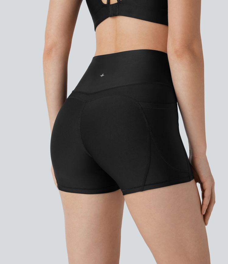 High Waisted Tummy Control Pocket Sheen Running Biker Shorts 3''
