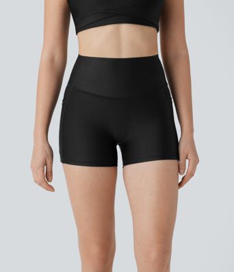 High Waisted Tummy Control Pocket Sheen Running Biker Shorts 3''