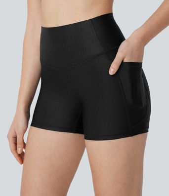 High Waisted Tummy Control Pocket Sheen Running Biker Shorts 3''