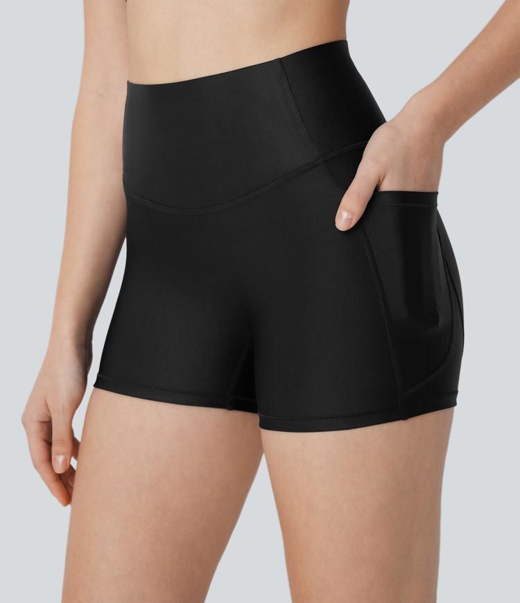 High Waisted Tummy Control Pocket Sheen Running Biker Shorts 3''
