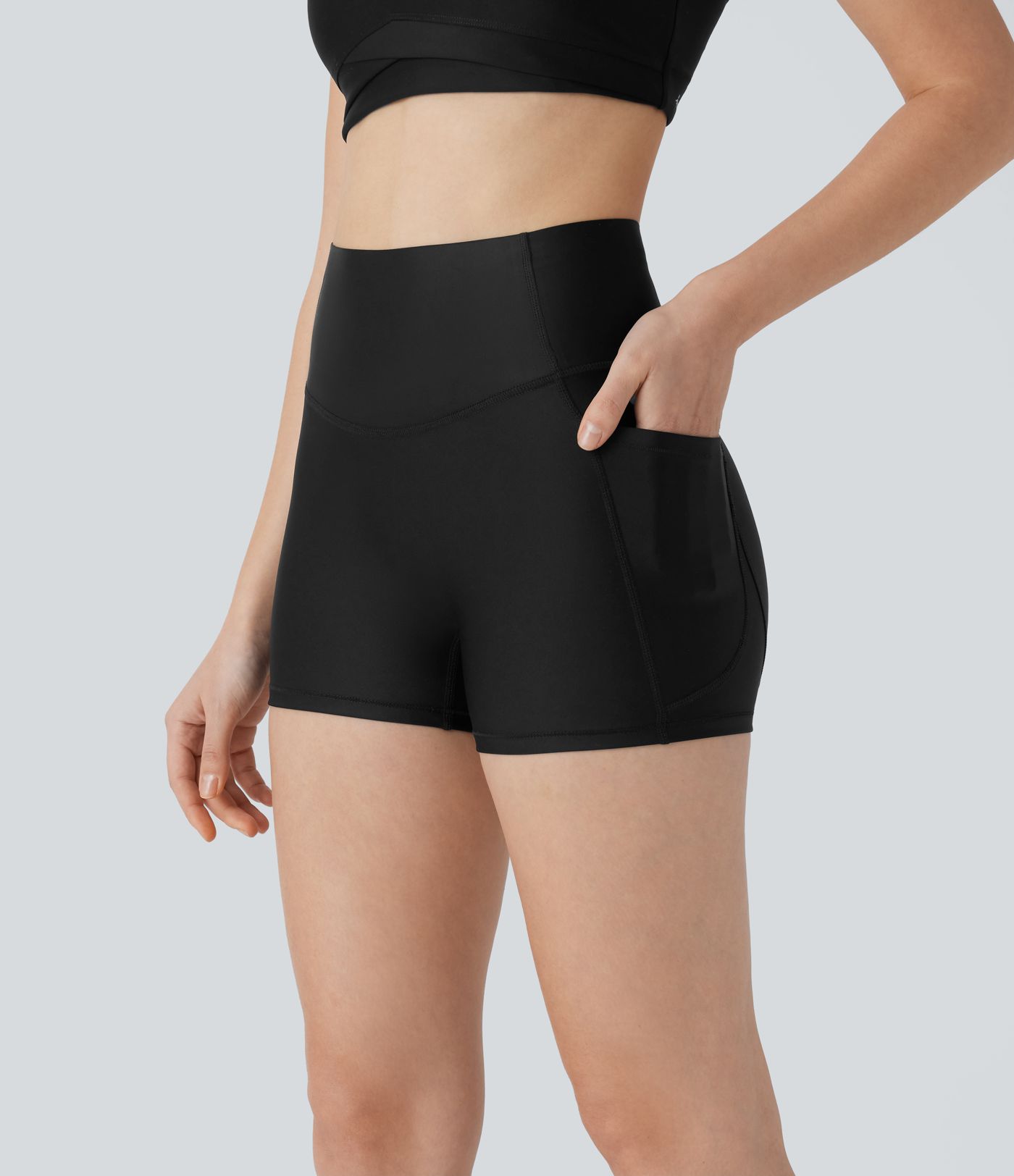 High Waisted Tummy Control Pocket Sheen Running Biker Shorts 3''