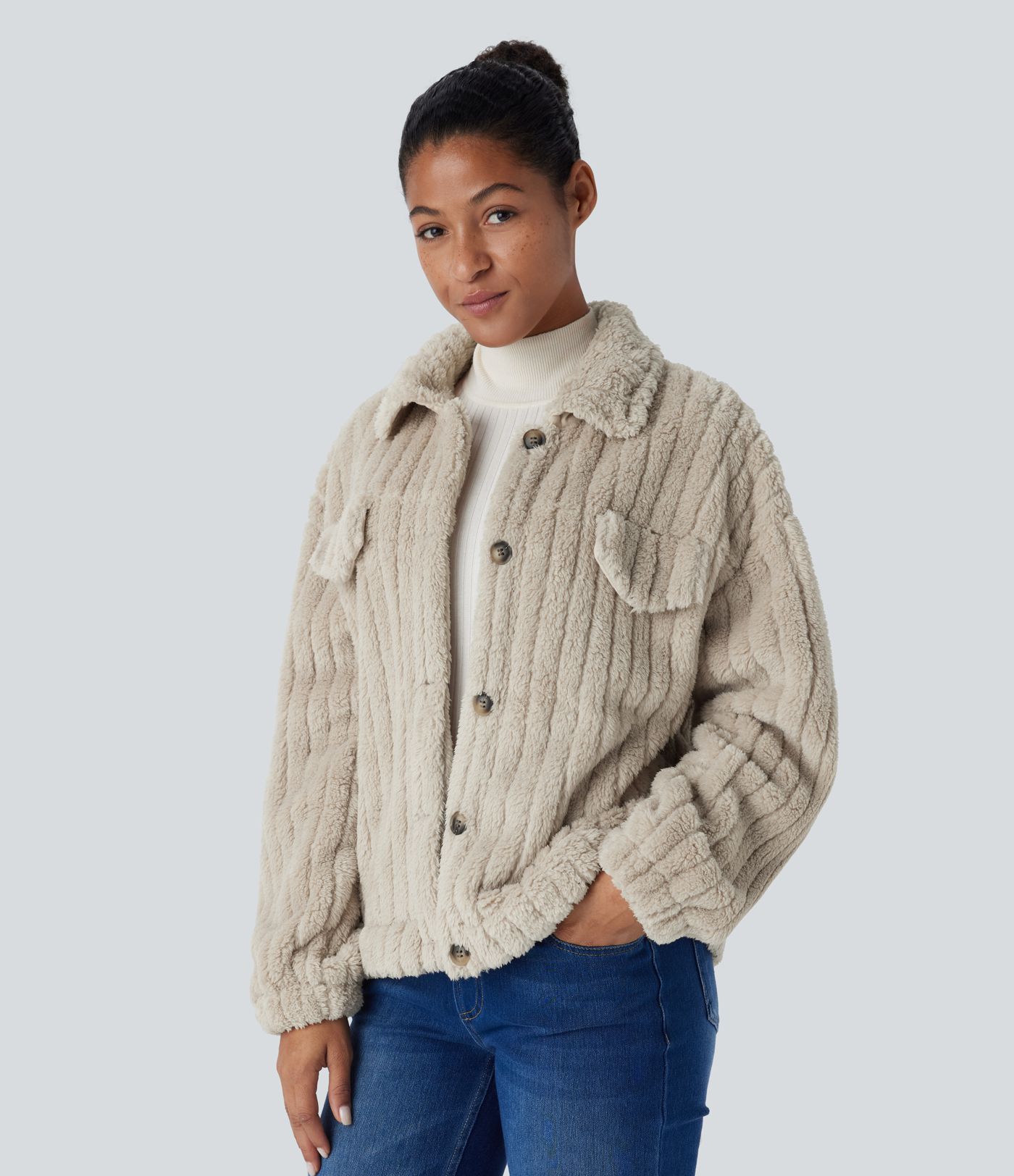 Chaqueta sherpa cuello botón manga larga