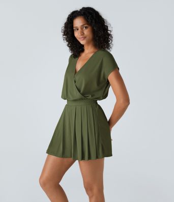 V Neck Short Sleeve Pocket Waffle Casual Romper