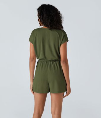 V Neck Short Sleeve Pocket Waffle Casual Romper