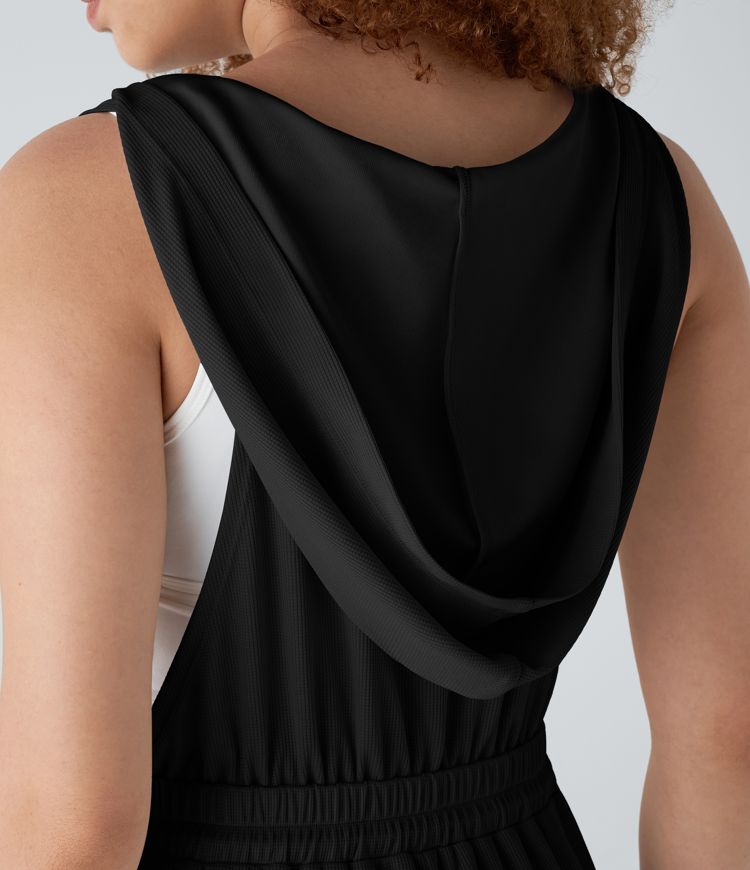 Hooded Drawstring Pockets Waffle Casual Overalls