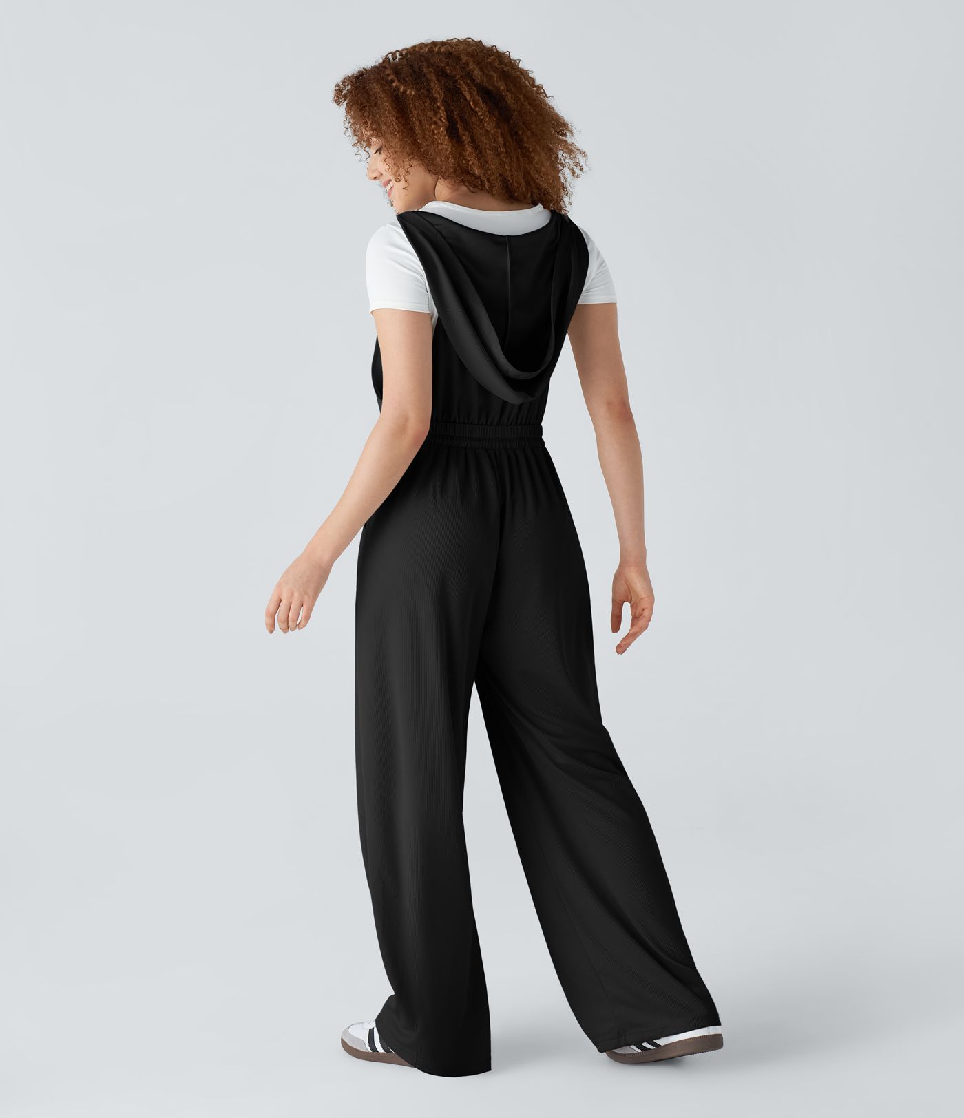 Hooded adjustable straps, drawstring, multiple pockets, waffle casual overall