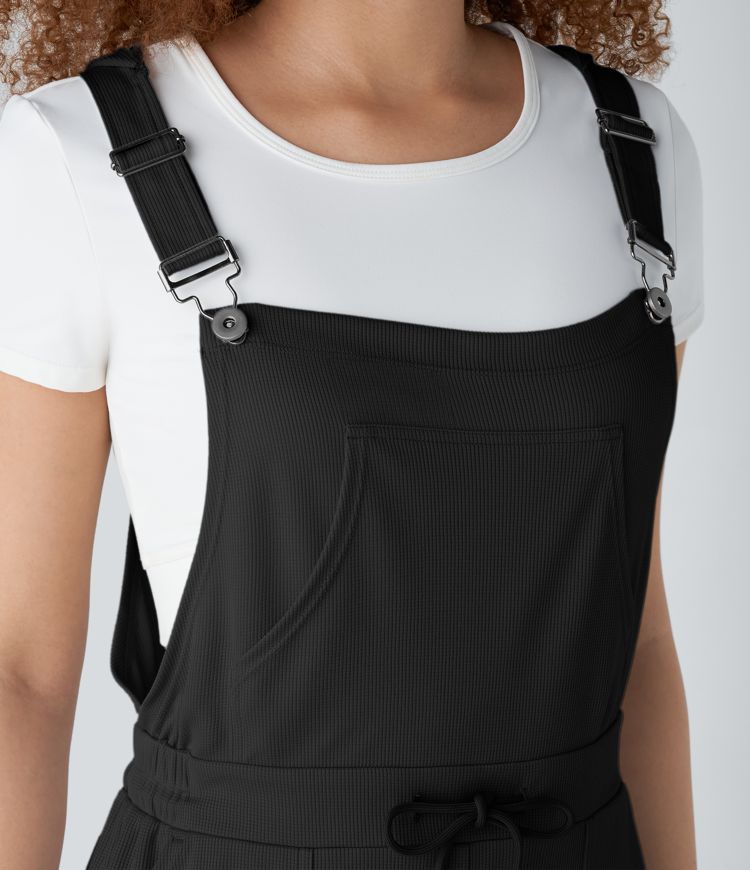 Hooded Drawstring Pockets Waffle Casual Overalls