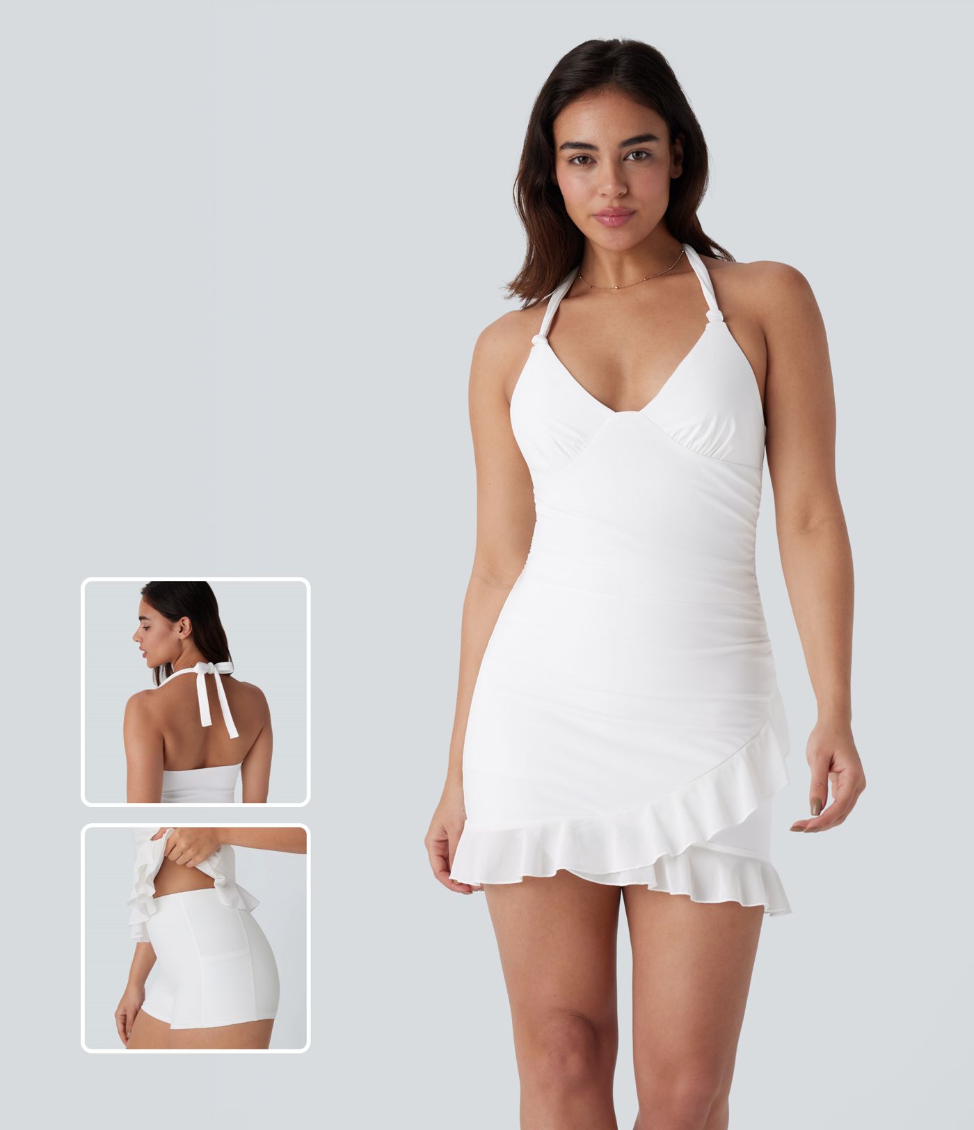 SoftlyZero™ Airy Halter Tie Back 2-Piece Pocket Bodycon Ruffle Hem Cool Touch Mini Casual Dress