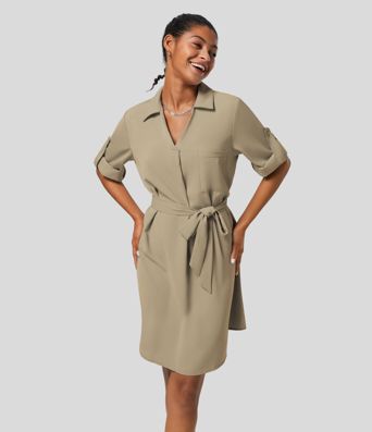 Collared Roll Up Sleeve Belted Relaxed Work Shirt Dress