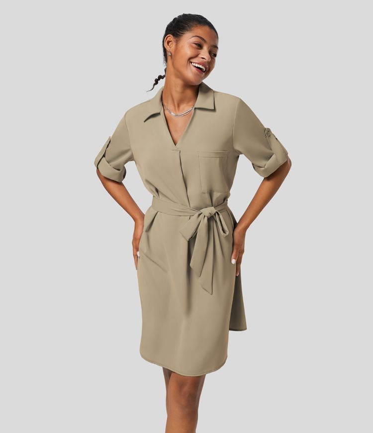 Collared Roll Up Sleeve Belted Relaxed Work Shirt Dress
