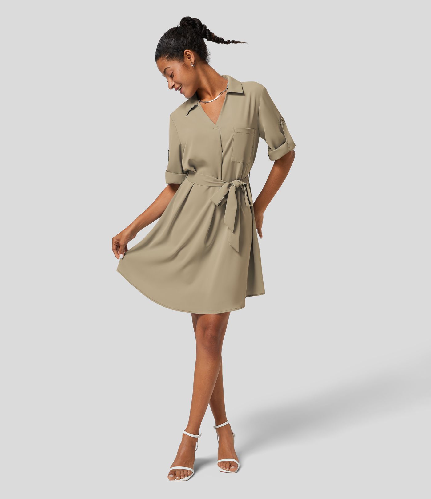 Collared Roll Up Sleeve Belted Relaxed Work Shirt Dress