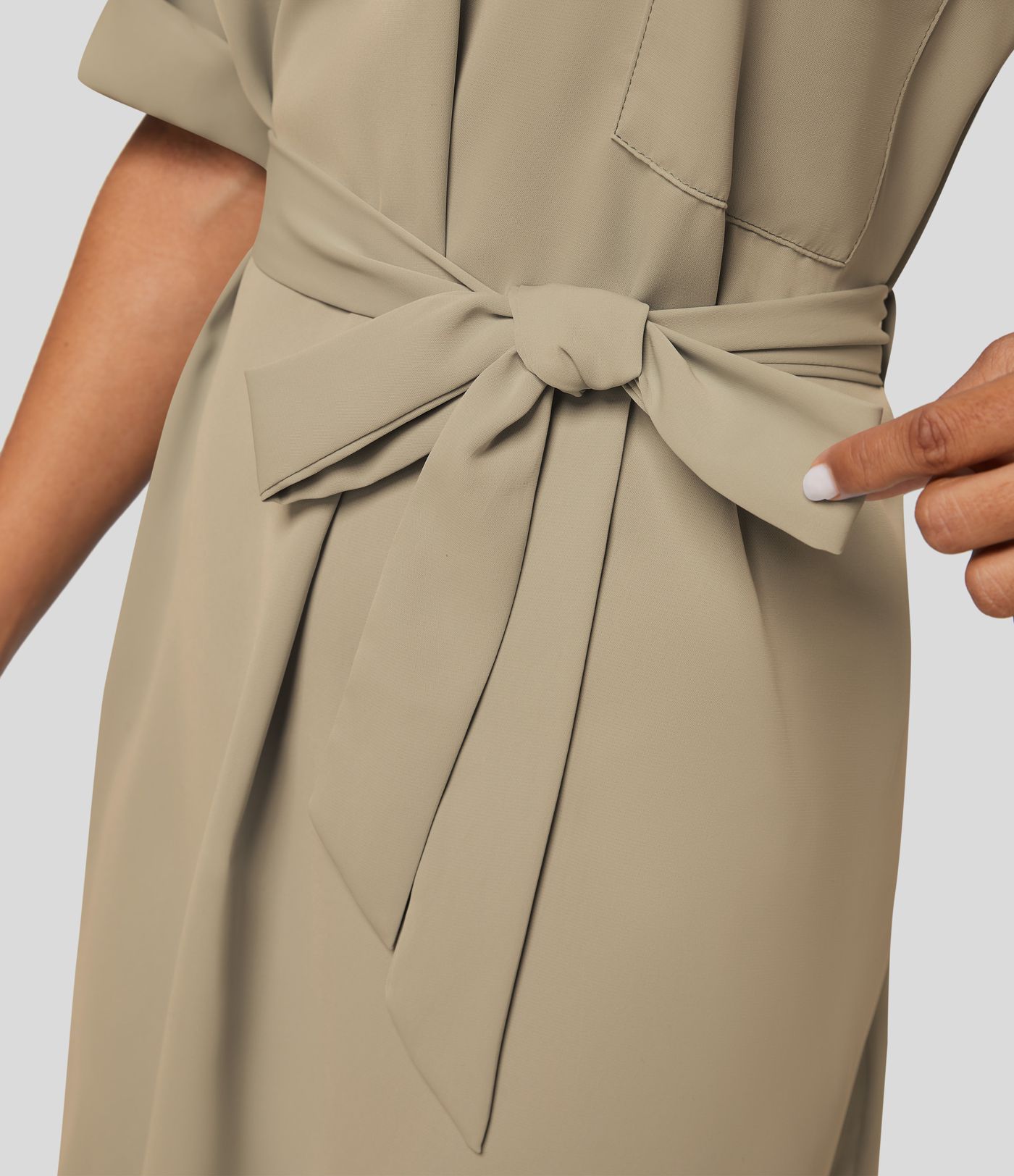 Collared Roll Up Sleeve Belted Relaxed Work Shirt Dress