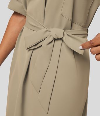 Collared Roll Up Sleeve Belted Relaxed Work Shirt Dress