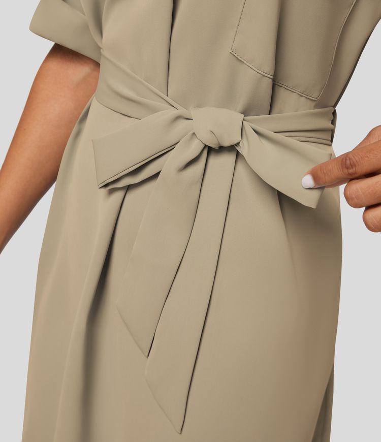 Collared Roll Up Sleeve Belted Relaxed Work Shirt Dress