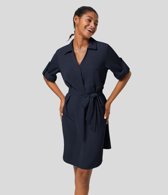 Løs arbejdsskjortekjole med opsmøgede ærmer og bælte