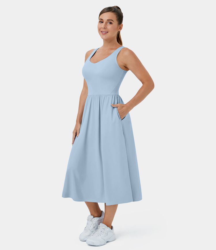 Softlyzero™ Airy V Neck Backless Side Pocket Midi Cool Touch Casual Dress
