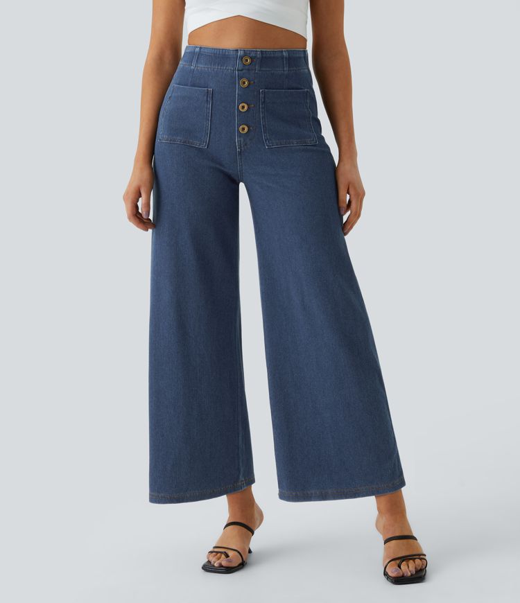 Halara Flex™ jean taille haute délavé avec poches, à coupe ample et décontractée Halara Flex™ jean taille haute délavé avec poches, à coupe ample et décontractée