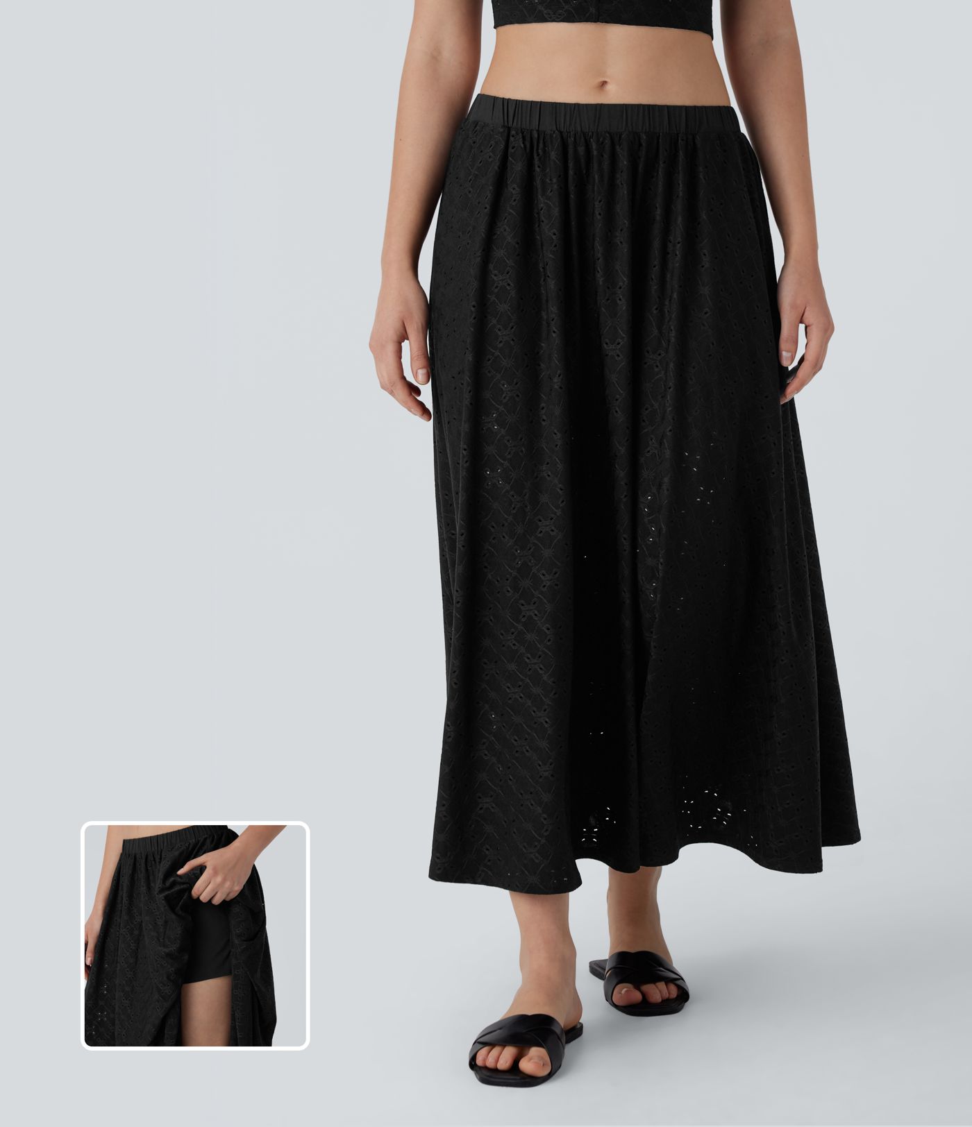 Low Rise Eyelet 2-in-1 Flowy Midi Skirt with Pockets