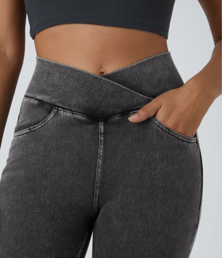 Halara Flex™ Arbeitsleggings aus elastischem Strick-Denim mit hohem Bund und mehreren Taschen