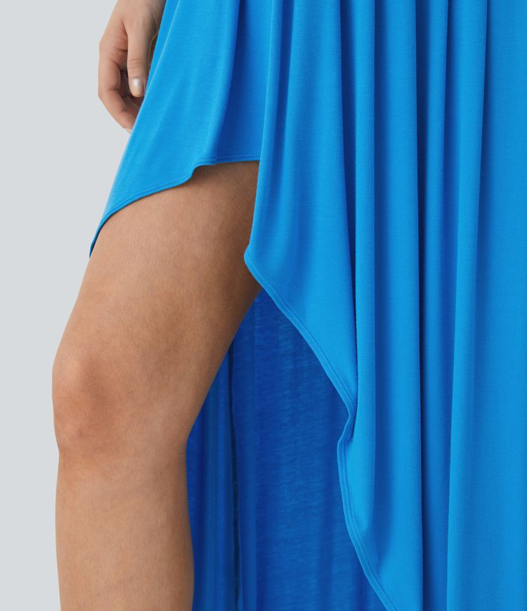 Adjustable strap with rib knit Asymmetrical hem with fold Loose maxi length party slip dress