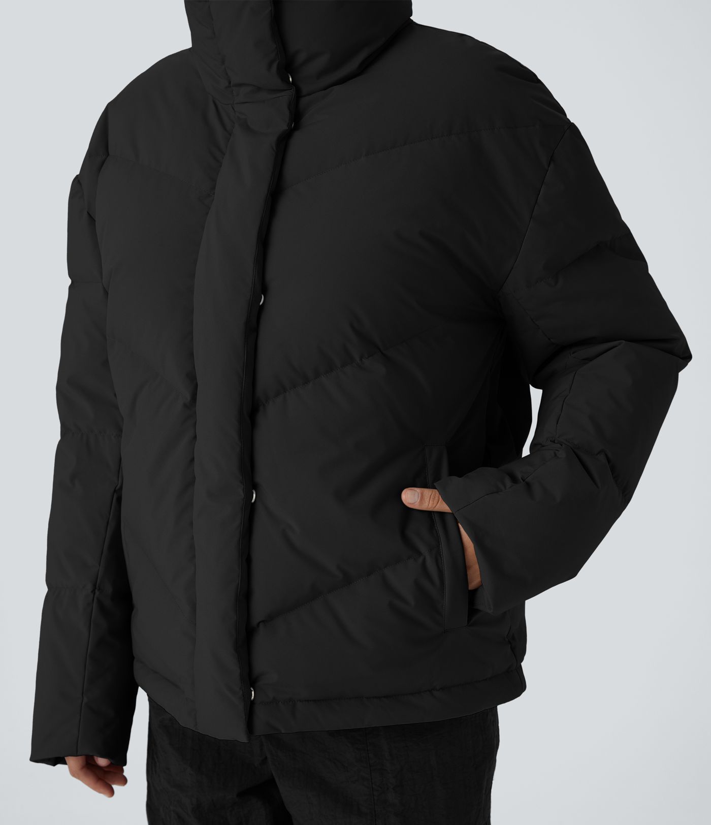 Lässige, wasserabweisende Puffer-Daunenjacke mit Trichterhals, Seitentaschen, Reißverschluss mit Druckknopf und Kordelzug am Saum