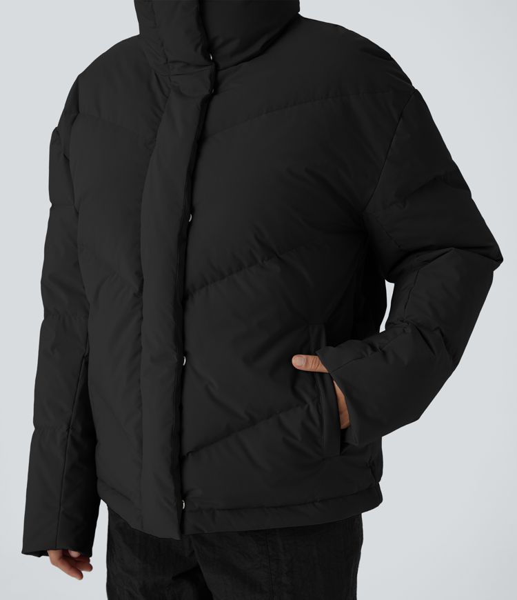 Lässige, wasserabweisende Puffer-Daunenjacke mit Trichterhals, Seitentaschen, Reißverschluss mit Druckknopf und Kordelzug am Saum