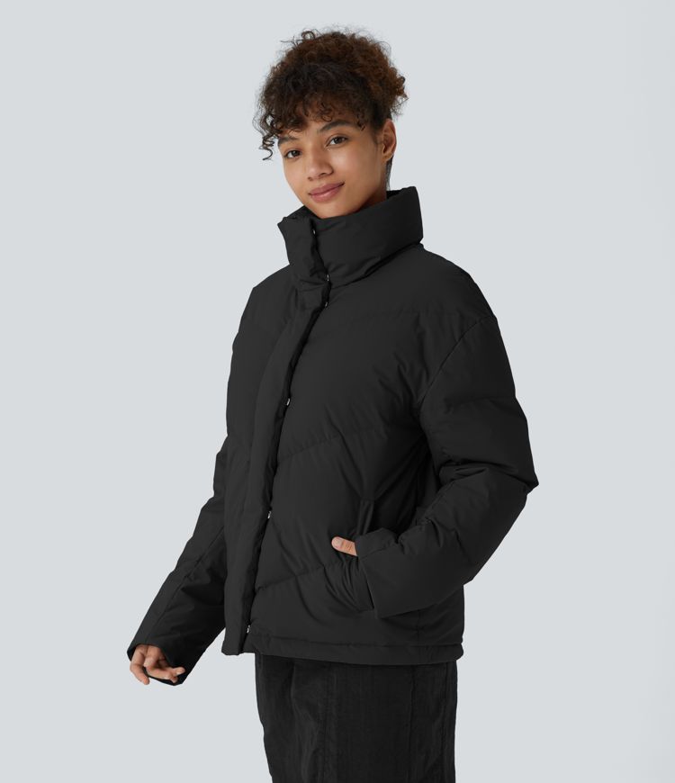 Lässige, wasserabweisende Puffer-Daunenjacke mit Trichterhals, Seitentaschen, Reißverschluss mit Druckknopf und Kordelzug am Saum