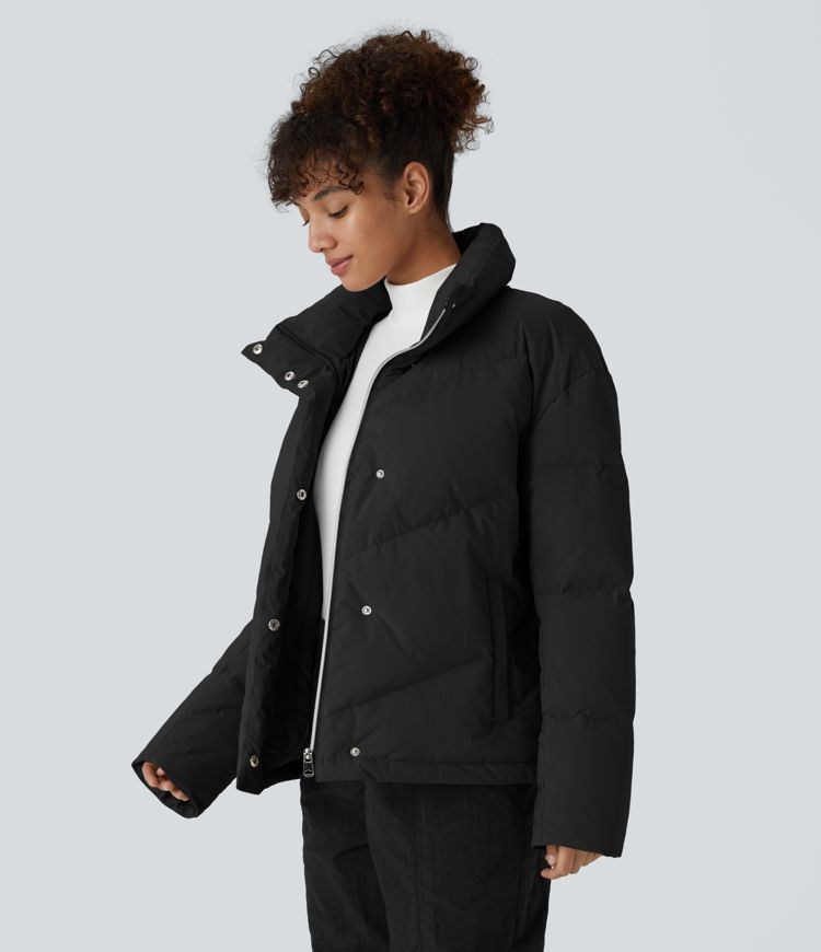 Lässige, wasserabweisende Puffer-Daunenjacke mit Trichterhals, Seitentaschen, Reißverschluss mit Druckknopf und Kordelzug am Saum