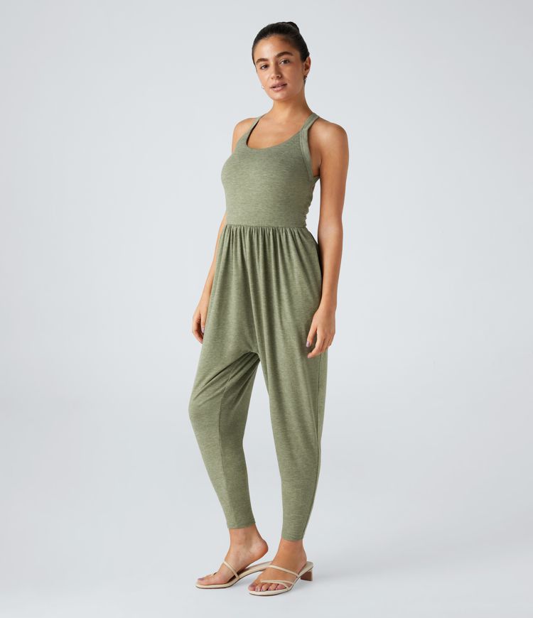 Backless Twisted U Neck Plicated Side Pocket Harem Casual Jumpsuit