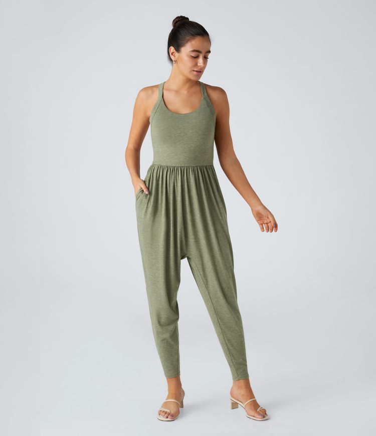 Backless Twisted U Neck Plicated Side Pocket Harem Casual Jumpsuit