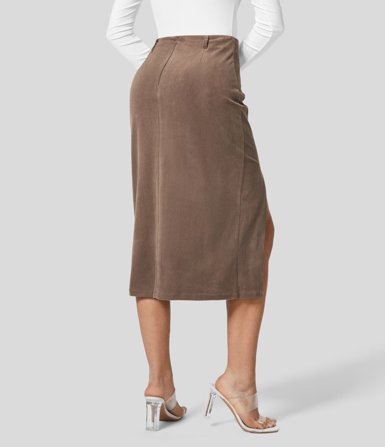High Waisted Hem Midi Corduroy Casual Skirt
