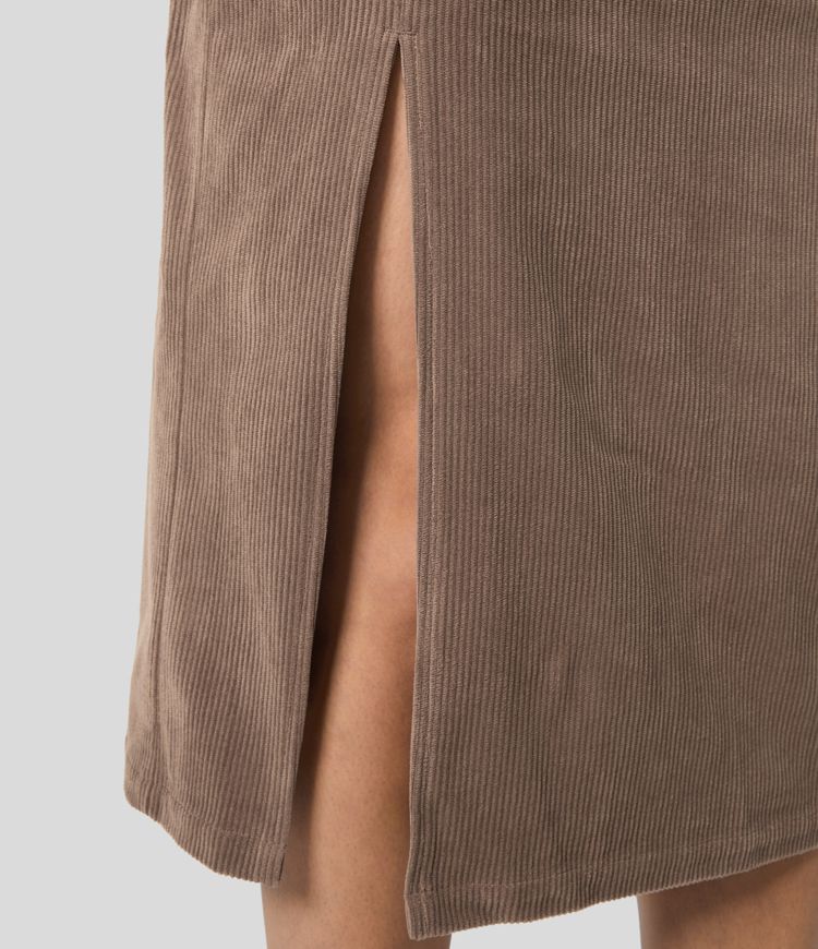 High Waisted Hem Midi Corduroy Casual Skirt
