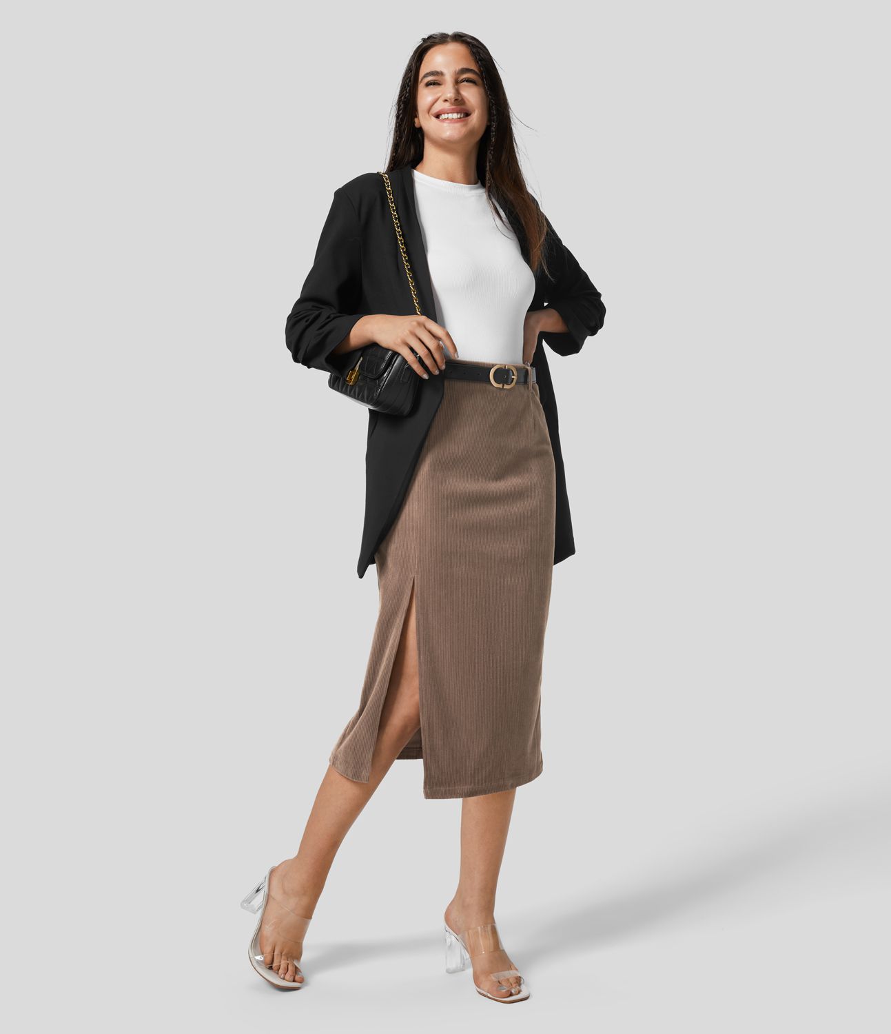 High Waisted Hem Midi Corduroy Casual Skirt