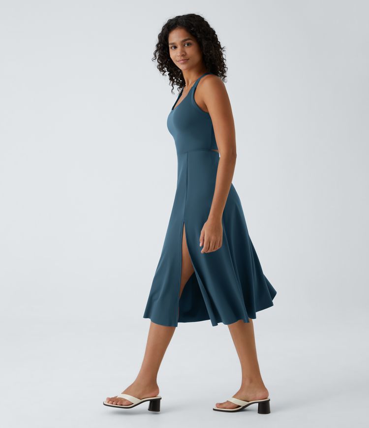 Cut Out Pocket Midi Casual Dress