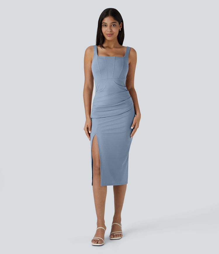 Vestido midi ajustado Softlyzero™ Airy con escote cuadrado, espalda descubierta, fruncido y abertura de tacto fresco para dama de honor e invitada de boda