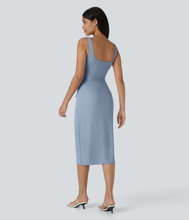 Vestido midi ajustado Softlyzero™ Airy con escote cuadrado, espalda descubierta, fruncido y abertura de tacto fresco para dama de honor e invitada de boda