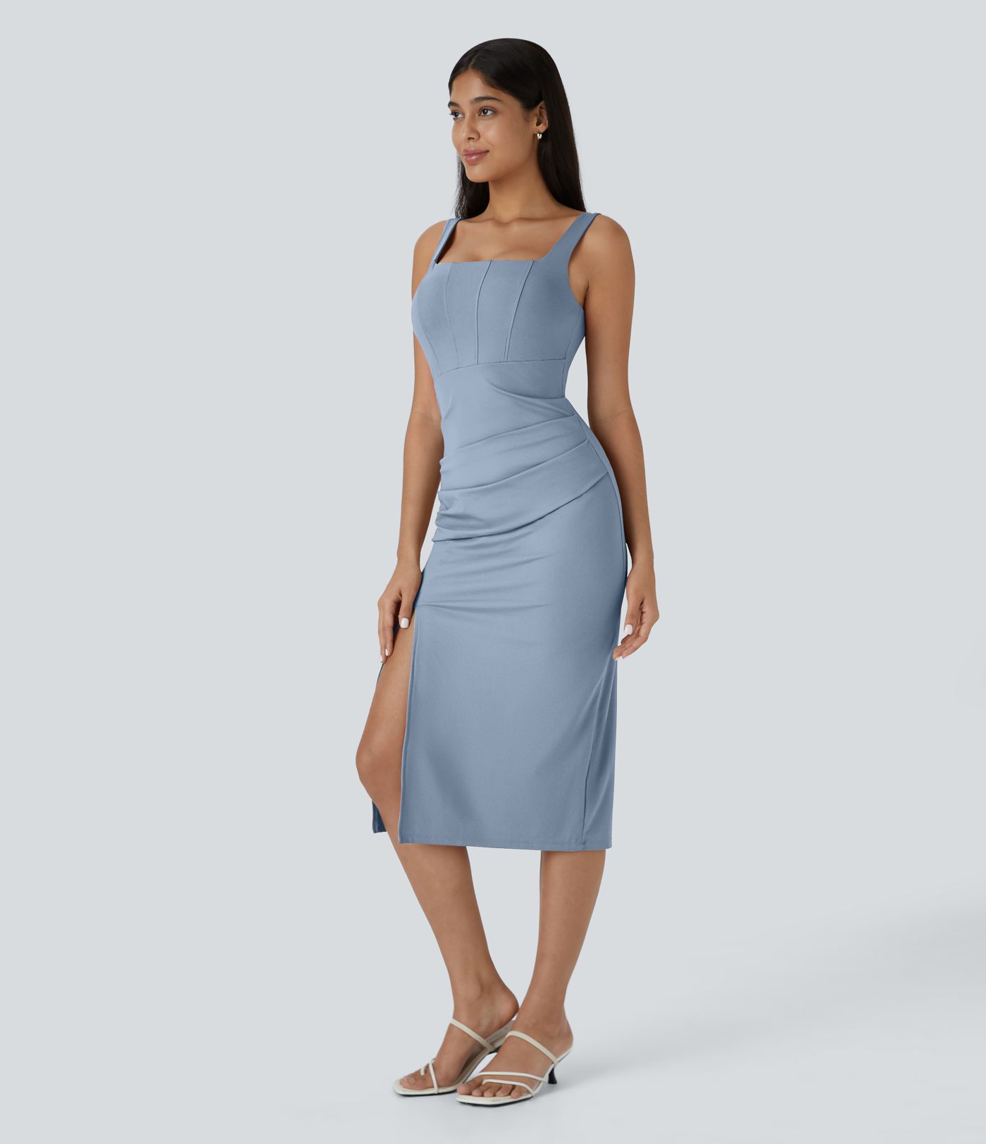 Vestido midi ajustado Softlyzero™ Airy con escote cuadrado, espalda descubierta, fruncido y abertura de tacto fresco para dama de honor e invitada de boda