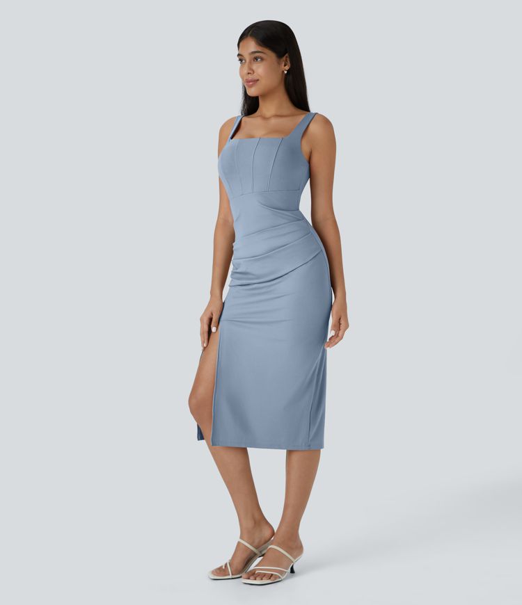 Vestido midi ajustado Softlyzero™ Airy con escote cuadrado, espalda descubierta, fruncido y abertura de tacto fresco para dama de honor e invitada de boda