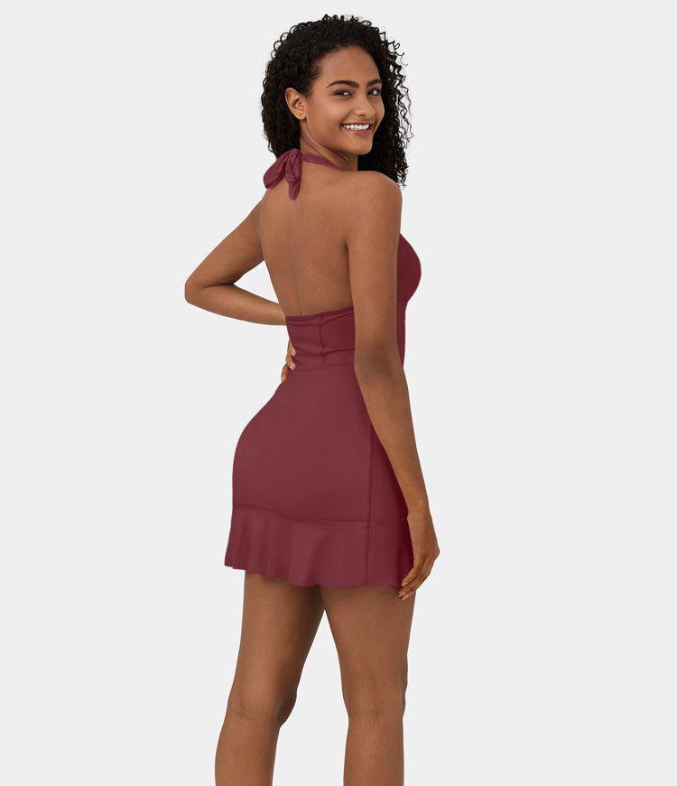 SoftlyZero™ Airy Halter Tie Back Corset Ruffle Hem Mini Cool Touch Casual Dress-UPF50+
