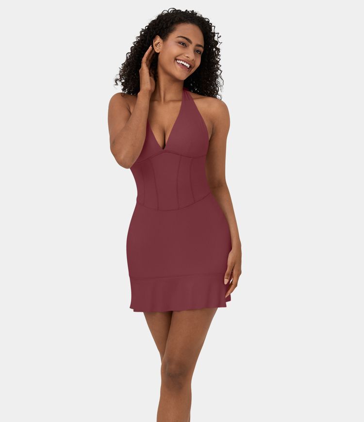 SoftlyZero™ Airy Halter Tie Back Corset Ruffle Hem Mini Cool Touch Casual Dress-UPF50+