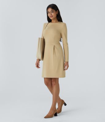 Round Neck Shoulder Pad Long Sleeve Hem Slim Mini Work Dress