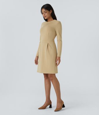 Round Neck Shoulder Pad Long Sleeve Hem Slim Mini Work Dress